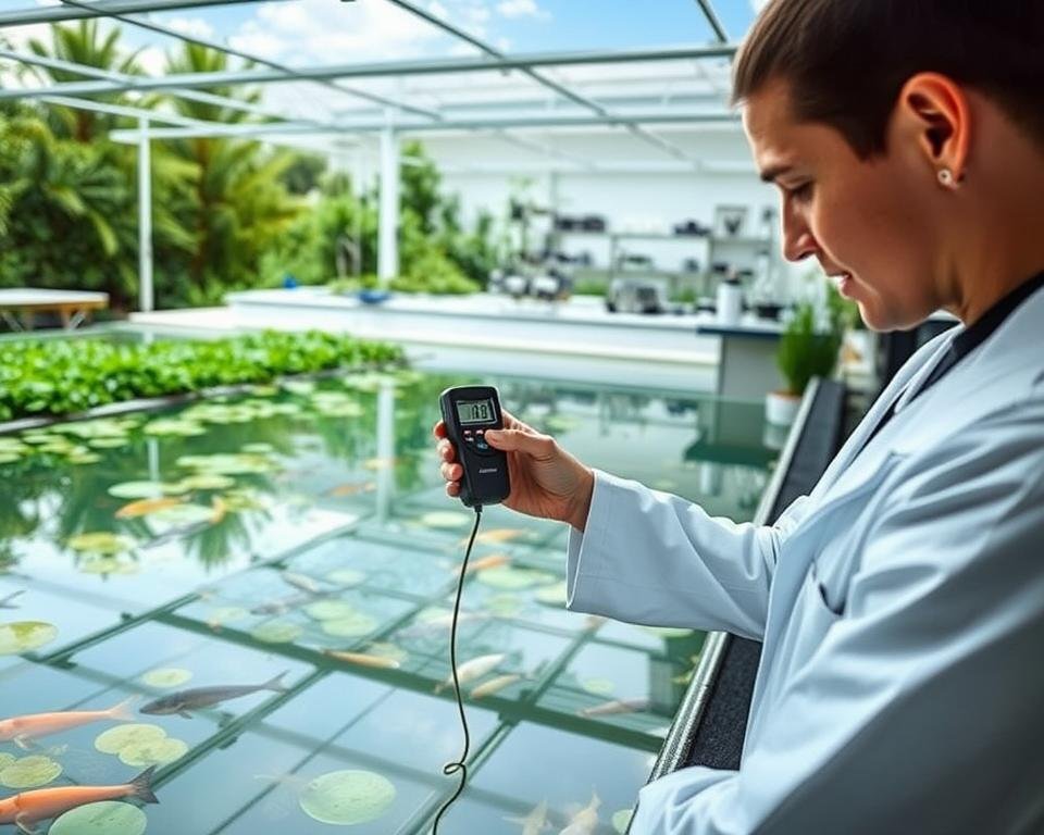 A tranquil aquaculture pond with a serene surface, reflecting the lush greenery and clear sky above. In the foreground, a person in a lab coat meticulously measures the water pH with a digital meter, their expression focused and thoughtful. The middle ground reveals a variety of healthy, thriving aquatic life, symbolizing the importance of maintaining optimal pH levels. In the background, a well-equipped laboratory setting, with various scientific instruments and equipment, suggesting the scientific approach to pH management. Soft, diffused lighting bathes the scene, creating a calming and professional atmosphere.