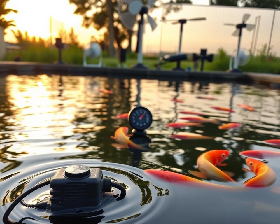 A tranquil fish pond, its surface gently rippling, reflecting the warm glow of the setting sun. In the foreground, a small water pump circulates the water, maintaining a steady temperature despite the fluctuating outdoor conditions. The middle ground features a well-placed thermometer, its digital display clearly visible, monitoring the pond's vital signs. In the background, a series of strategically placed fans create a gentle breeze, helping to regulate the water temperature and keep the delicate ecosystem in balance. The overall scene conveys a sense of control and vigilance, with the technological elements seamlessly integrated into the natural landscape, ensuring the optimal conditions for the thriving fish population. A tranquil fish pond, its surface gently rippling, reflecting the warm glow of the setting sun. In the foreground, a small water pump circulates the water, maintaining a steady temperature despite the fluctuating outdoor conditions. The middle ground features a well-placed thermometer, its digital display clearly visible, monitoring the pond's vital signs. In the background, a series of strategically placed fans create a gentle breeze, helping to regulate the water temperature and keep the delicate ecosystem in balance. The overall scene conveys a sense of control and vigilance, with the technological elements seamlessly integrated into the natural landscape, ensuring the optimal conditions for the thriving fish population.