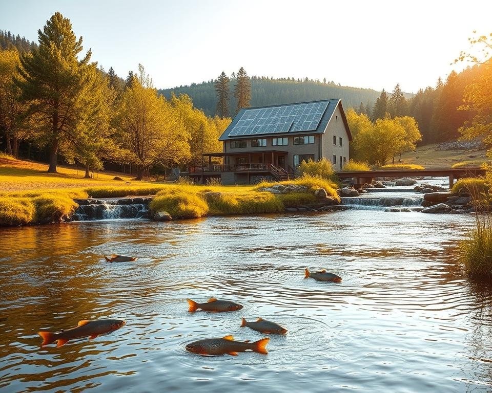 A tranquil riverside setting with a sustainable trout production facility. In the foreground, a well-maintained trout pond, the water shimmering with healthy fish swimming gracefully. Surrounding the pond, a lush, verdant landscape with tall trees providing natural shade. In the middle ground, an eco-friendly trout hatchery with solar panels on the roof, blending seamlessly with the natural environment. Cascading waterfalls and a babbling brook add to the soothing ambiance. The scene is bathed in warm, golden sunlight, creating a serene and picturesque atmosphere that showcases the harmony between trout cultivation and sustainable environmental practices.