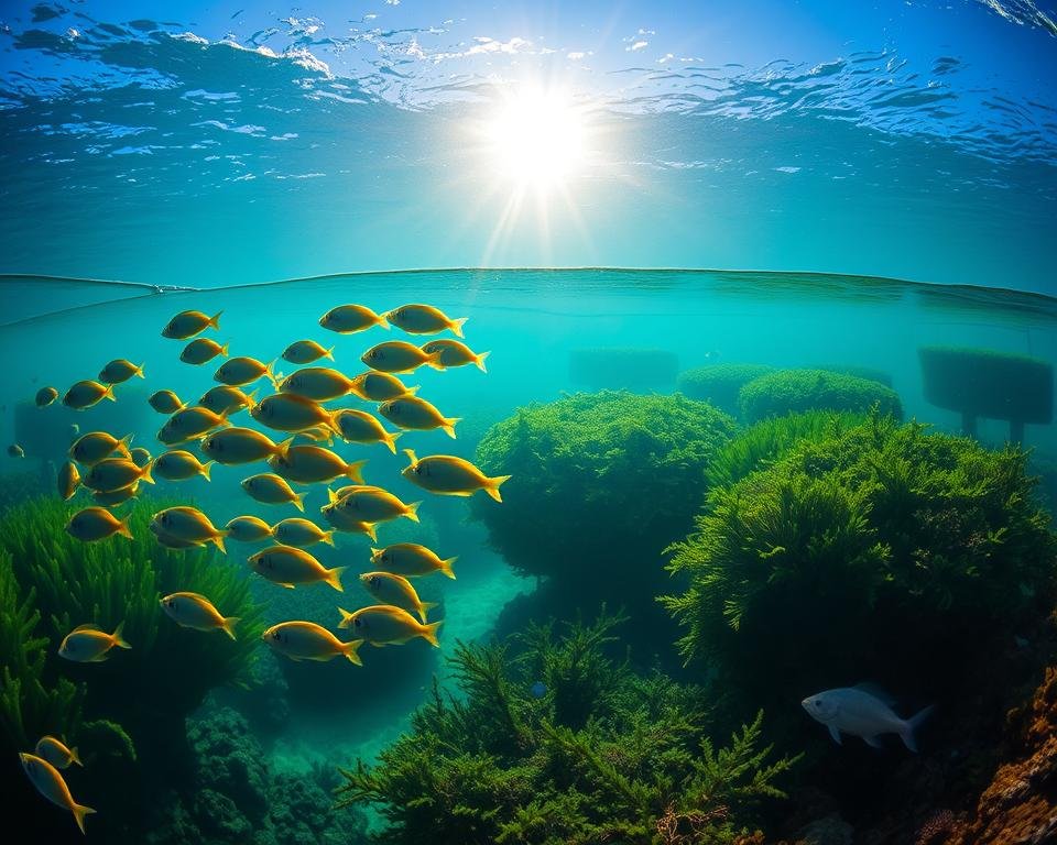A tranquil, underwater scene showcasing sustainable aquaculture practices. In the foreground, a school of healthy, vibrant fish swim gracefully among thriving seaweed and coral gardens. The middle ground reveals well-maintained aquaculture enclosures with optimal water flow and aeration, supporting a diverse array of farmed species. In the background, the sun's rays pierce the clear, blue-green waters, casting a warm, natural glow over the entire ecosystem. The overall composition conveys a harmonious balance between productivity and environmental preservation, highlighting the challenges of implementing truly sustainable aquaculture techniques. A tranquil, underwater scene showcasing sustainable aquaculture practices. In the foreground, a school of healthy, vibrant fish swim gracefully among thriving seaweed and coral gardens. The middle ground reveals well-maintained aquaculture enclosures with optimal water flow and aeration, supporting a diverse array of farmed species. In the background, the sun's rays pierce the clear, blue-green waters, casting a warm, natural glow over the entire ecosystem. The overall composition conveys a harmonious balance between productivity and environmental preservation, highlighting the challenges of implementing truly sustainable aquaculture techniques.