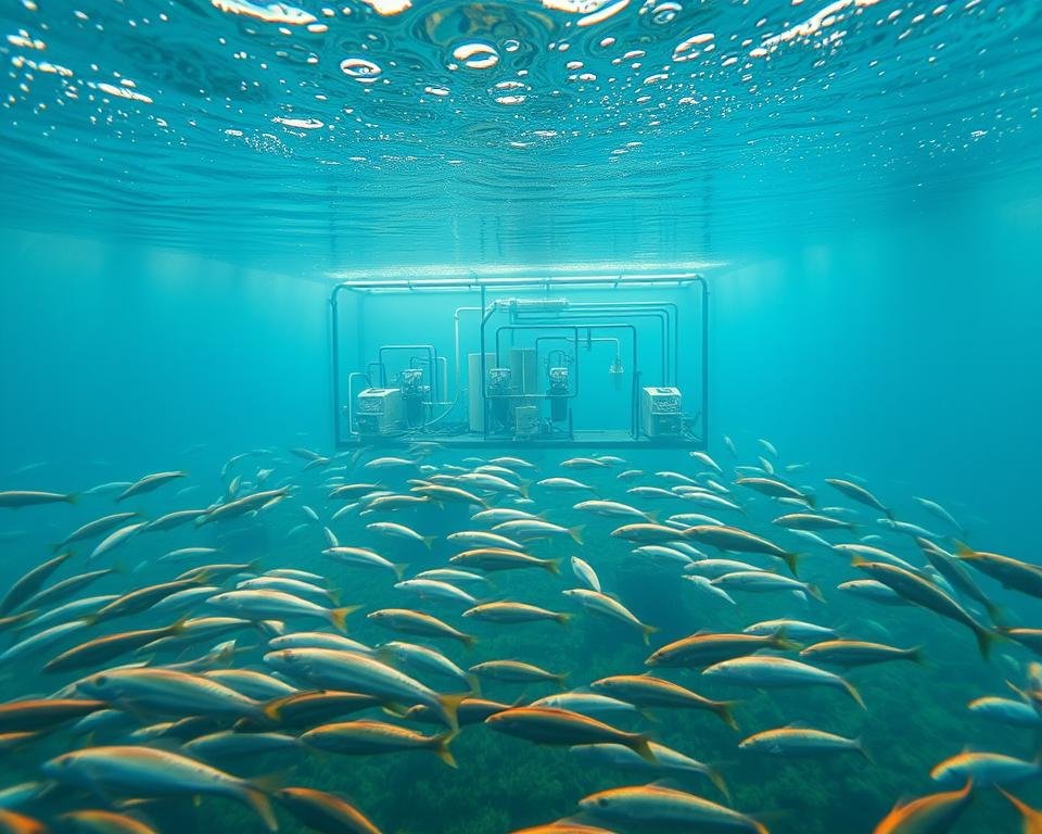 A tranquil underwater scene showcasing the challenges of water recirculation in aquaculture. In the foreground, a tank filled with crystal-clear water, teeming with healthy aquatic life. In the middle ground, a complex array of filtration systems, pipes, and monitoring equipment. The background subtly hints at the larger aquaculture facility, with soft natural lighting filtering through the water. The mood is one of thoughtful contemplation, capturing the technical complexities and environmental considerations of maintaining optimal water quality in a closed-loop system. A tranquil underwater scene showcasing the challenges of water recirculation in aquaculture. In the foreground, a tank filled with crystal-clear water, teeming with healthy aquatic life. In the middle ground, a complex array of filtration systems, pipes, and monitoring equipment. The background subtly hints at the larger aquaculture facility, with soft natural lighting filtering through the water. The mood is one of thoughtful contemplation, capturing the technical complexities and environmental considerations of maintaining optimal water quality in a closed-loop system.