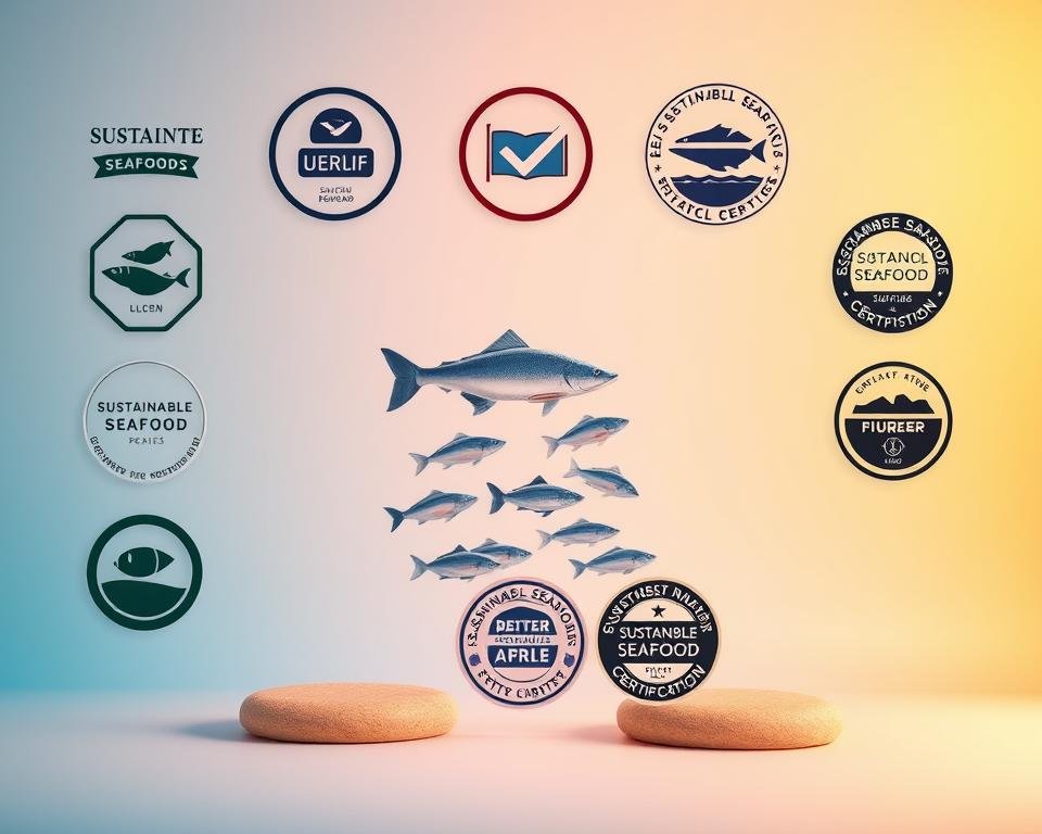 A vibrant composition showcasing various sustainable seafood certifications against a clean, minimalist background. The foreground features a selection of certification logos and labels, rendered in high detail with a glossy, embossed finish. The middle ground depicts a school of stylized fish swimming in harmony, representing the marine life supported by sustainable fishing practices. The background is a soft, gradient-based environment, evoking a sense of serenity and environmental consciousness. Warm, directional lighting illuminates the scene, creating depth and emphasizing the certifications. The overall aesthetic is modern, compelling, and visually striking, designed to captivate the viewer and convey the importance of sustainable seafood choices. A vibrant composition showcasing various sustainable seafood certifications against a clean, minimalist background. The foreground features a selection of certification logos and labels, rendered in high detail with a glossy, embossed finish. The middle ground depicts a school of stylized fish swimming in harmony, representing the marine life supported by sustainable fishing practices. The background is a soft, gradient-based environment, evoking a sense of serenity and environmental consciousness. Warm, directional lighting illuminates the scene, creating depth and emphasizing the certifications. The overall aesthetic is modern, compelling, and visually striking, designed to captivate the viewer and convey the importance of sustainable seafood choices.
