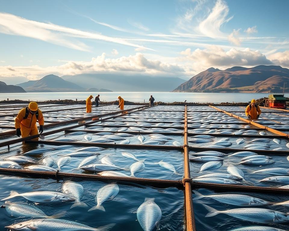 A vibrant, detailed scene of a modern salmon farm. In the foreground, workers in protective gear carefully monitor the fish, checking for signs of disease. The middle ground shows rows of tightly packed pens, with healthy salmon swimming gracefully. In the background, rolling hills and a serene coastline provide a picturesque natural setting. Warm, diffused sunlight filters through wispy clouds, casting a gentle glow over the entire scene. The overall mood is one of diligent, responsible management - a harmonious balance between human stewardship and the marine environment.
