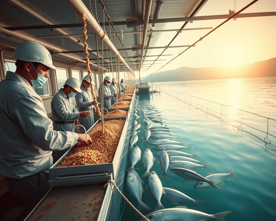 A vibrant fish farm setting, featuring a well-organized feed line and tank system. In the foreground, a team of aquaculture experts meticulously monitors feed distribution, adjusting the flow and timing to optimize nutrient intake. The middle ground showcases a transparent feeding station, where the fish actively consume the carefully calibrated feed. In the background, a serene, aquamarine-tinted water body reflects the sun's warm glow, creating a calming atmosphere. The scene is captured with a wide-angle lens, highlighting the efficient, well-oiled operation of the facility. Muted tones and a balanced, natural lighting scheme convey a sense of diligence and control in the pursuit of maximizing feed conversion ratio.