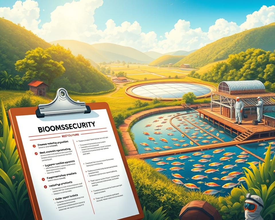 A vibrant, meticulously detailed illustration of an aquaculture biosecurity plan. A serene fish farm nestled in a lush, verdant landscape, bathed in warm, natural lighting. In the foreground, a comprehensive plan laid out on a clipboard, showcasing best practices like disease monitoring, equipment sanitation, and visitor protocols. The middle ground features a team of aquaculture experts in protective gear, diligently implementing the plan. In the background, a panoramic view of the facility, with sturdy infrastructure, strict access control, and a tranquil pond teeming with healthy, thriving fish. The scene conveys a sense of order, professionalism, and a steadfast commitment to safeguarding the aquatic assets. A vibrant, meticulously detailed illustration of an aquaculture biosecurity plan. A serene fish farm nestled in a lush, verdant landscape, bathed in warm, natural lighting. In the foreground, a comprehensive plan laid out on a clipboard, showcasing best practices like disease monitoring, equipment sanitation, and visitor protocols. The middle ground features a team of aquaculture experts in protective gear, diligently implementing the plan. In the background, a panoramic view of the facility, with sturdy infrastructure, strict access control, and a tranquil pond teeming with healthy, thriving fish. The scene conveys a sense of order, professionalism, and a steadfast commitment to safeguarding the aquatic assets.