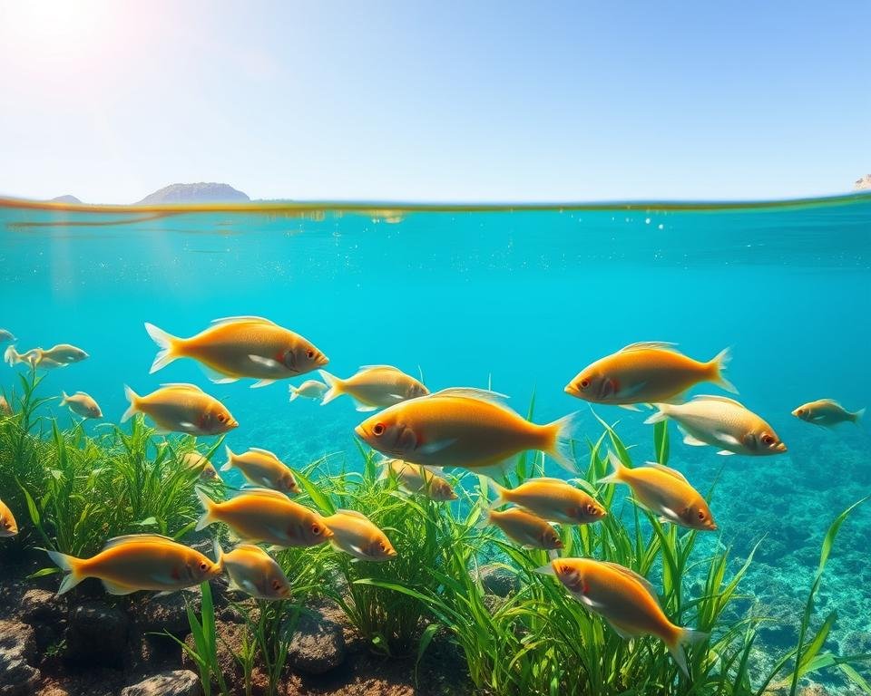 A vibrant underwater scene depicting the role of water quality in aquaculture disease prevention. In the foreground, crystalline water flows gently around healthy, thriving fish. Diffused sunlight filters through the surface, casting a warm, natural glow. The middle ground showcases an array of aquatic plants, their lush greenery swaying with the current. In the background, a serene landscape of rocky cliffs and a calm horizon line creates a sense of depth and tranquility. The overall atmosphere conveys the importance of maintaining optimal water conditions to support the well-being of aquaculture species.