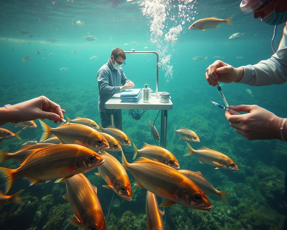 A vibrant underwater scene, illuminated by soft, diffused lighting that gently caresses the tranquil waters. In the foreground, a group of fish are being carefully tended to by a team of veterinarians, their hands delicately administering vaccinations with precision. The fish, their scales gleaming in shades of gold, silver, and vibrant hues, exhibit a sense of calm as they undergo the preventative treatment. In the middle ground, a well-equipped medical station is set up, with sterile tools and supplies at the ready, conveying a sense of professionalism and care. The background is filled with a lush, verdant underwater landscape, teeming with a diverse array of marine life, creating a serene and harmonious environment.