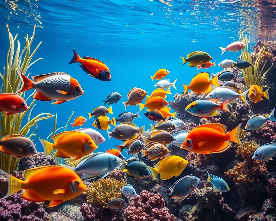 A vibrant underwater scene showcasing the nutritional benefits of various fish species. In the foreground, a school of colorful tropical fish swim gracefully, their scales gleaming under the soft, diffused lighting. In the middle ground, a diverse array of fresh and saltwater fish, each with distinct colors, shapes, and sizes, are depicted in a natural feeding pose, highlighting their unique dietary requirements. The background features a lush underwater landscape, with swaying seaweed, coral formations, and a gently rippling surface that casts a warm, golden glow throughout the composition. The overall scene exudes a sense of harmony and balance, conveying the importance of proper nutrition in maintaining a thriving aquarium ecosystem. A vibrant underwater scene showcasing the nutritional benefits of various fish species. In the foreground, a school of colorful tropical fish swim gracefully, their scales gleaming under the soft, diffused lighting. In the middle ground, a diverse array of fresh and saltwater fish, each with distinct colors, shapes, and sizes, are depicted in a natural feeding pose, highlighting their unique dietary requirements. The background features a lush underwater landscape, with swaying seaweed, coral formations, and a gently rippling surface that casts a warm, golden glow throughout the composition. The overall scene exudes a sense of harmony and balance, conveying the importance of proper nutrition in maintaining a thriving aquarium ecosystem.
