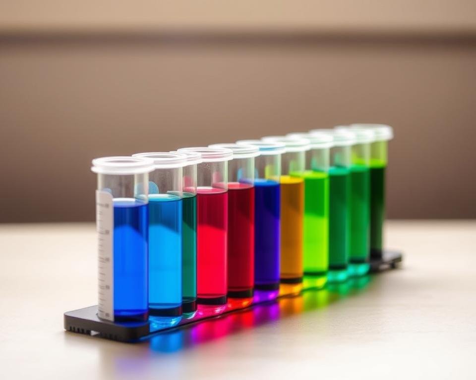 A well-lit, close-up view of an aquarium water test kit with several color-coded test tubes filled with water samples. The test kit is placed on a neutral-colored surface, allowing the vibrant colors of the water samples to pop. The background is slightly blurred, creating a sense of focus on the testing apparatus. The lighting is soft and diffused, creating a warm, natural atmosphere. The angles and composition draw the viewer's attention to the nuanced shades and hues of the water, emphasizing the importance of precise water quality analysis for maintaining a thriving aquatic ecosystem.