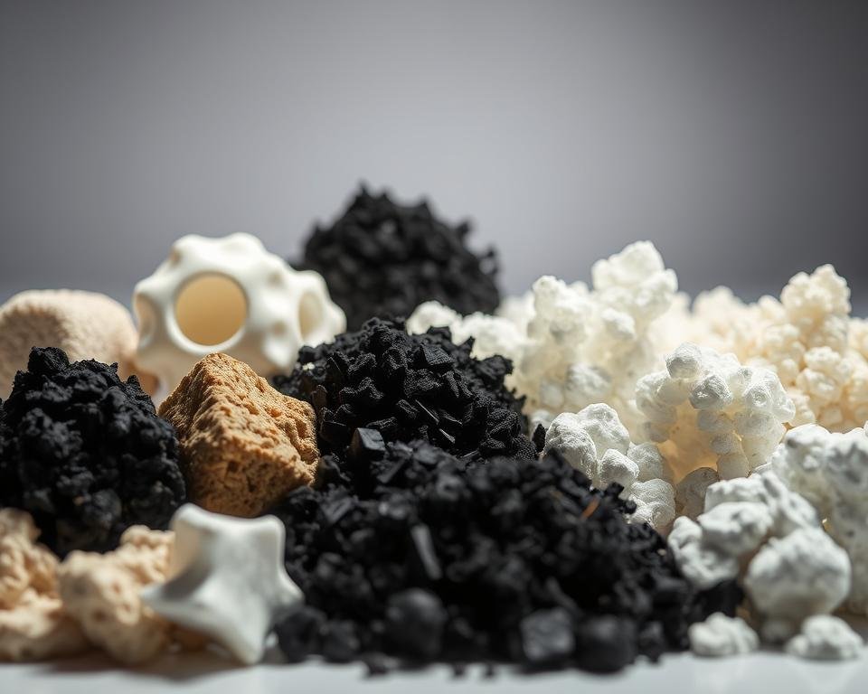 A well-lit, close-up view of various types of biofiltration media arranged in a visually appealing and informative composition. In the foreground, different shapes and textures of media materials such as porous ceramic, granular activated carbon, and engineered plastic media are displayed, showcasing their unique characteristics. The middle ground features a clean, neutral background, allowing the media samples to stand out. Subtle lighting from the side casts gentle shadows, accentuating the three-dimensional nature of the media. The overall mood is one of scientific clarity and attention to detail, reflecting the technical aspects of an effective biofiltration system. A well-lit, close-up view of various types of biofiltration media arranged in a visually appealing and informative composition. In the foreground, different shapes and textures of media materials such as porous ceramic, granular activated carbon, and engineered plastic media are displayed, showcasing their unique characteristics. The middle ground features a clean, neutral background, allowing the media samples to stand out. Subtle lighting from the side casts gentle shadows, accentuating the three-dimensional nature of the media. The overall mood is one of scientific clarity and attention to detail, reflecting the technical aspects of an effective biofiltration system.