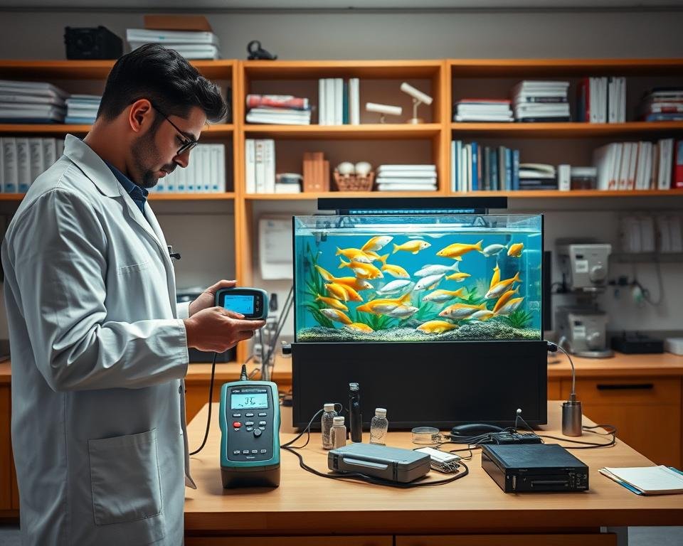 A well-lit laboratory setting with a central workbench displaying various dissolved oxygen (DO) monitoring instruments and equipment. In the foreground, a scientist in a white lab coat carefully calibrates a digital DO meter, its screen displaying real-time DO readings. On the workbench, an aquarium filled with healthy, vibrant fish serves as the focal point, its water gently rippling. The background features shelves stocked with reference materials, scientific journals, and technical manuals, conveying a sense of expertise and diligent troubleshooting. Soft, directional lighting casts a warm, professional atmosphere, highlighting the importance of precise DO monitoring for maintaining optimal aquaculture conditions.