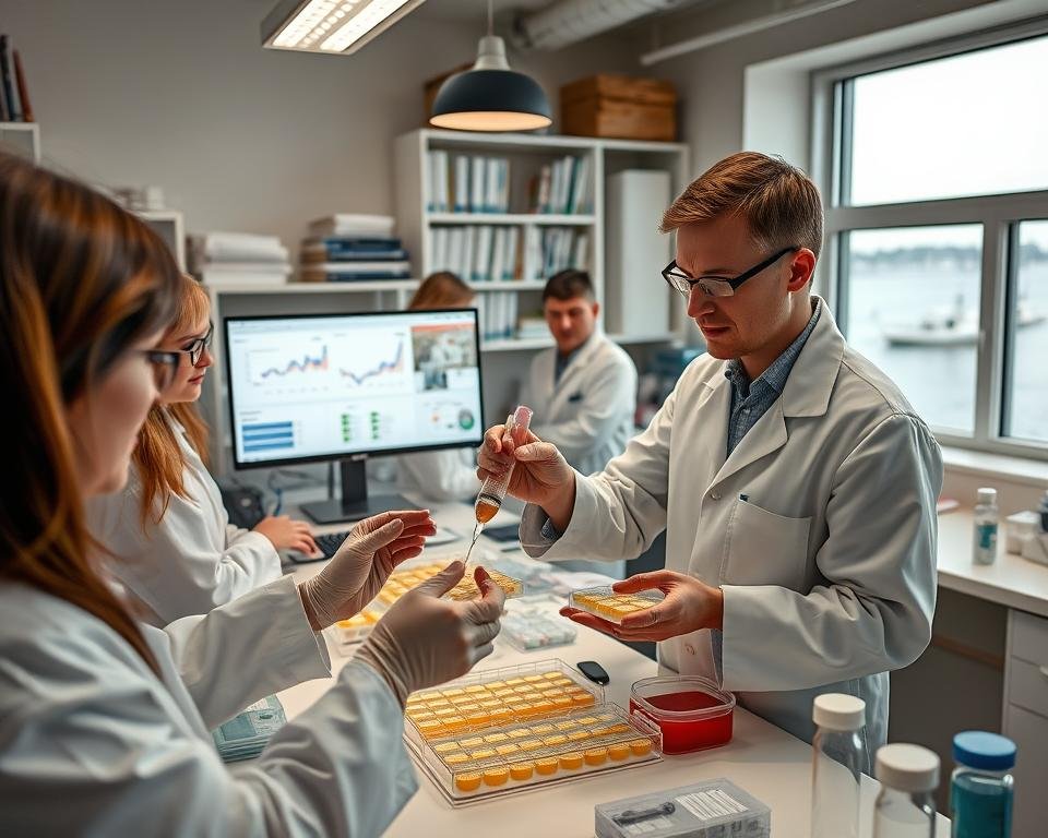 A well-lit laboratory setting with a team of researchers in lab coats examining petri dishes and test tubes. In the foreground, a scientist carefully pipettes a liquid sample into a sterilized culture plate. In the middle ground, a computer monitor displays graphs and data visualizations related to antibiotic resistance and aquaculture. The background features shelves of reference books, scientific equipment, and a window overlooking a coastal aquaculture facility. The scene conveys a mood of diligence, collaboration, and a commitment to responsible antibiotic use in order to maintain the health and sustainability of aquatic ecosystems. A well-lit laboratory setting with a team of researchers in lab coats examining petri dishes and test tubes. In the foreground, a scientist carefully pipettes a liquid sample into a sterilized culture plate. In the middle ground, a computer monitor displays graphs and data visualizations related to antibiotic resistance and aquaculture. The background features shelves of reference books, scientific equipment, and a window overlooking a coastal aquaculture facility. The scene conveys a mood of diligence, collaboration, and a commitment to responsible antibiotic use in order to maintain the health and sustainability of aquatic ecosystems.