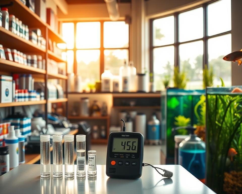 A well-stocked fish farming supply shop, illuminated by warm, natural lighting filtering through large windows. Shelves neatly display a variety of water test kits, including digital meters, paper strips, and glass vials. In the foreground, a professional-grade pH meter sits atop a clean counter, ready for use. The middle ground showcases a range of water pumps, filters, and aeration equipment, all in pristine condition. In the background, aquarium decorations and live plants create a serene, aquatic atmosphere, hinting at the importance of maintaining optimal water quality for successful fish farming. A well-stocked fish farming supply shop, illuminated by warm, natural lighting filtering through large windows. Shelves neatly display a variety of water test kits, including digital meters, paper strips, and glass vials. In the foreground, a professional-grade pH meter sits atop a clean counter, ready for use. The middle ground showcases a range of water pumps, filters, and aeration equipment, all in pristine condition. In the background, aquarium decorations and live plants create a serene, aquatic atmosphere, hinting at the importance of maintaining optimal water quality for successful fish farming.