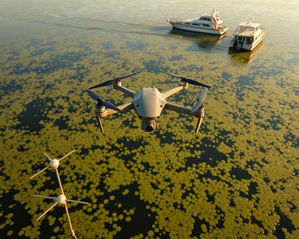 A wide-angle aerial shot of an algae-filled lake, with advanced monitoring technologies in the foreground. In the center, a sleek drone hovers above the water, equipped with high-resolution cameras and sensors. Surrounding it, buoys and remote water quality monitoring stations dot the surface, collecting data on oxygen levels, pH, and nutrient concentrations. In the background, a research vessel equipped with sophisticated spectrometers and lidar systems scans the algal blooms, mapping their extent and composition. The scene is bathed in warm, golden light, conveying a sense of scientific diligence and environmental stewardship.