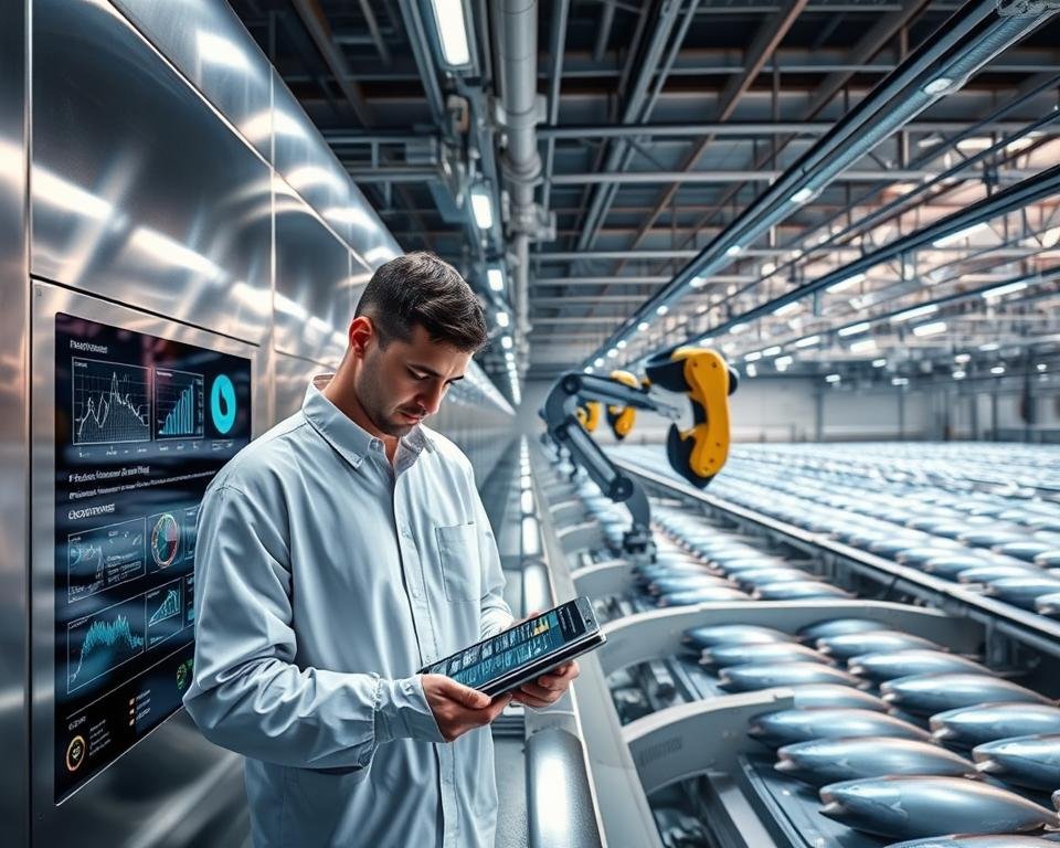 An advanced aquaculture facility, its sleek metal exterior gleaming under bright, directional lighting. In the foreground, a technician examines a datapad, monitoring real-time sensor readings from the tanks. Translucent screens display detailed analytics and certification metrics. In the middle ground, automated robotic arms meticulously tend to the fish, measuring and sampling them. The background reveals a panoramic view of the facility, rows of cylindrical tanks stretching into the distance, all operating with precision and efficiency to ensure the highest standards of quality and sustainability.