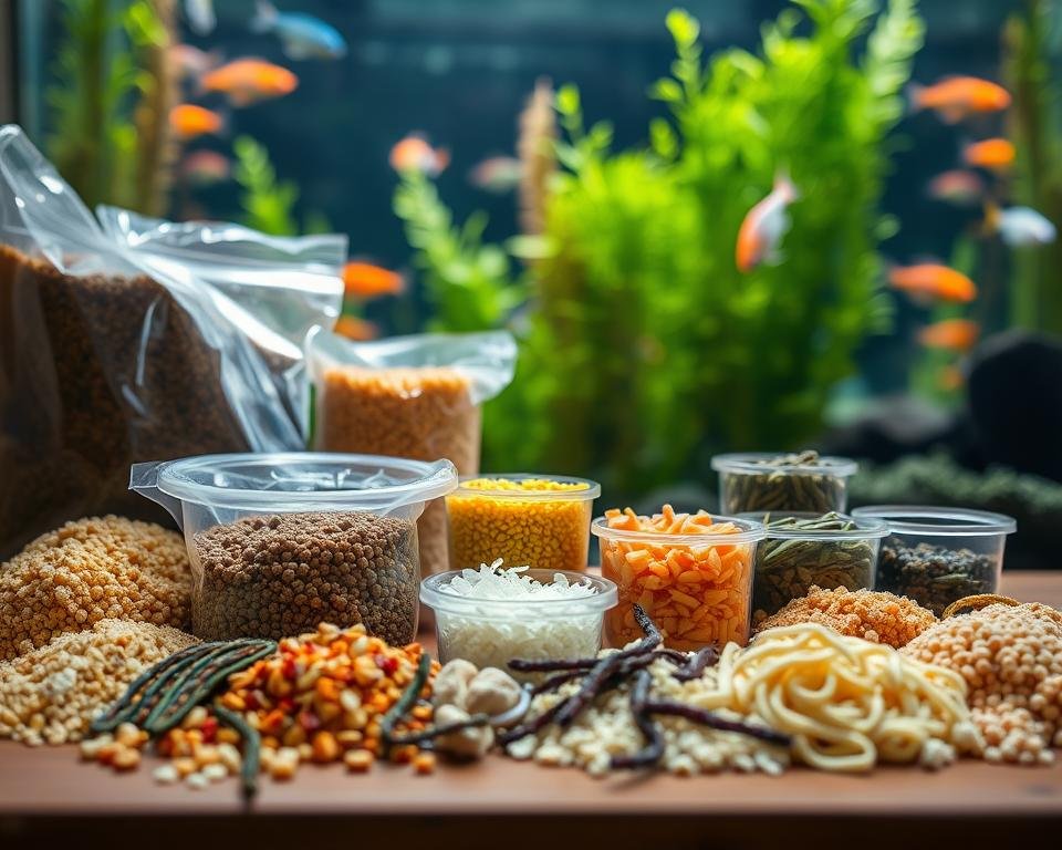 An aquaculture feeding station with various feed types displayed, captured under natural daylight with a shallow depth of field. In the foreground, several types of fish food pellets, flakes, and granules are neatly arranged on a wooden surface. The middle ground features an array of live feed like brine shrimp, daphnia, and bloodworms in transparent containers. In the background, a blurred aquarium with thriving aquatic plants and fish swimming gracefully. The overall scene conveys a sense of nourishment and balance within a thriving aquatic ecosystem.