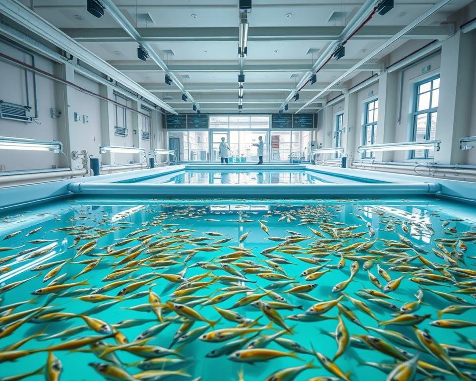 An aquaculture hatchery facility, designed with precision and efficiency. The foreground showcases a series of interconnected tanks, their pristine waters teeming with young aquatic life. Gentle LED lighting casts a soft, ambient glow, illuminating the intricate plumbing and filtration systems. In the middle ground, technicians in white lab coats carefully monitor water parameters and feed the thriving fry. The background reveals a spacious, climate-controlled environment, with large windows allowing natural light to filter in, creating a serene and nurturing atmosphere for the delicate aquatic organisms. Sleek, modern architecture and a well-organized layout highlight the thoughtful design, optimized for the specific needs of the targeted aquaculture species. An aquaculture hatchery facility, designed with precision and efficiency. The foreground showcases a series of interconnected tanks, their pristine waters teeming with young aquatic life. Gentle LED lighting casts a soft, ambient glow, illuminating the intricate plumbing and filtration systems. In the middle ground, technicians in white lab coats carefully monitor water parameters and feed the thriving fry. The background reveals a spacious, climate-controlled environment, with large windows allowing natural light to filter in, creating a serene and nurturing atmosphere for the delicate aquatic organisms. Sleek, modern architecture and a well-organized layout highlight the thoughtful design, optimized for the specific needs of the targeted aquaculture species.