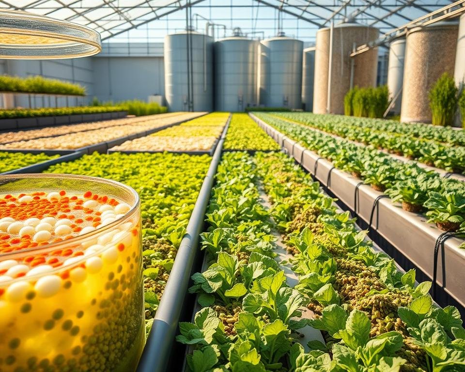 Aquaculture farm with lush hydroponics beds, showcasing diverse alternative feed ingredients. In the foreground, colorful microalgae cultures bubble in glass bioreactors, while in the middle ground, rows of leafy greens and protein-rich insect larvae thrive under energy-efficient LED lighting. The background features silos filled with sustainable grains and legumes. The scene is bathed in warm, natural lighting, conveying a sense of productivity and innovation in the quest for nutritious, eco-friendly aquaculture feeds.