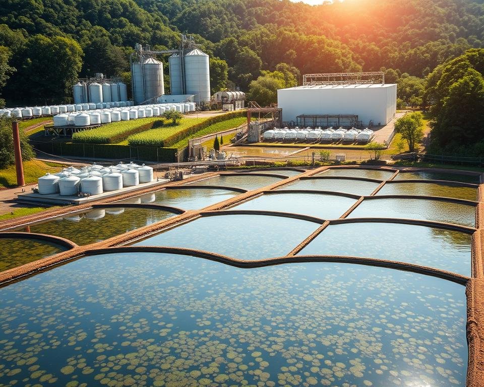 Aquaculture waste management facility nestled amidst lush greenery. In the foreground, a series of large, well-maintained settling ponds with crystal-clear water, teeming with aquatic life. Rows of filtration tanks and bioreactors in the middle ground, processing and recycling waste. Towering silos and drying beds in the background, where sludge is transformed into nutrient-rich fertilizer. Bright, natural lighting casts a warm glow over the scene, highlighting the efficient, eco-friendly practices. A sense of harmony between technological innovation and sustainable resource management. Captured with a wide-angle lens to showcase the comprehensive, integrated approach to aquaculture waste treatment. Aquaculture waste management facility nestled amidst lush greenery. In the foreground, a series of large, well-maintained settling ponds with crystal-clear water, teeming with aquatic life. Rows of filtration tanks and bioreactors in the middle ground, processing and recycling waste. Towering silos and drying beds in the background, where sludge is transformed into nutrient-rich fertilizer. Bright, natural lighting casts a warm glow over the scene, highlighting the efficient, eco-friendly practices. A sense of harmony between technological innovation and sustainable resource management. Captured with a wide-angle lens to showcase the comprehensive, integrated approach to aquaculture waste treatment.