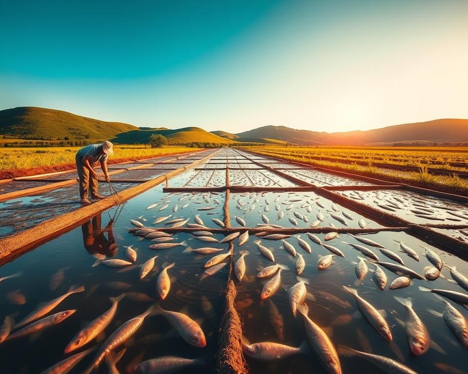 Catfish farming techniques showcase a tranquil agricultural landscape. In the foreground, a farmer carefully tends to a pond, ensuring optimal water quality and fish health. The middle ground depicts rows of neatly organized ponds, each teeming with thriving catfish. In the background, lush green hills and a clear blue sky create a serene atmosphere. The scene is illuminated by warm, golden sunlight, casting a soft glow over the entire composition. The image conveys a sense of efficiency, sustainability, and the economic potential of this aquaculture practice.
