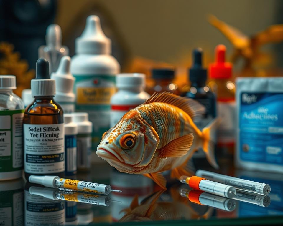 Detailed close-up of a fish tank with a sick fish in the foreground, surrounded by various fish medication bottles, aquarium test kits, and other treatment supplies. The fish appears listless and discolored, with visible signs of disease. The background is blurred to focus attention on the treatment items. Soft, warm lighting illuminates the scene, creating a clinical yet compassionate atmosphere. The composition emphasizes the importance of proper diagnosis and treatment to help the ailing fish recover. Detailed close-up of a fish tank with a sick fish in the foreground, surrounded by various fish medication bottles, aquarium test kits, and other treatment supplies. The fish appears listless and discolored, with visible signs of disease. The background is blurred to focus attention on the treatment items. Soft, warm lighting illuminates the scene, creating a clinical yet compassionate atmosphere. The composition emphasizes the importance of proper diagnosis and treatment to help the ailing fish recover.