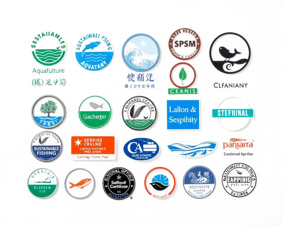 Detailed close-up view of various seafood certification logos and labels against a clean, minimalist background. Crisp, high-resolution image showcasing a variety of sustainable fishing, aquaculture, and eco-friendly certifications commonly found on seafood packaging. Careful arrangement and even lighting highlight the distinct designs, colors, and textures of the certification marks. Neutral tones and subtle shadows create a professional, authoritative atmosphere suitable for an informative editorial piece on responsible seafood sourcing.
