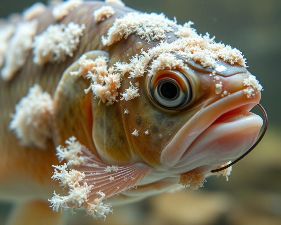 Fungal infections in fish, a close-up view of various aquatic fungi infecting a freshwater fish. The fish's skin is covered in fuzzy, white or gray patches, with detailed textures and patterns. In the foreground, the fish's gills are inflamed and discolored, indicating a respiratory infection. The middle ground showcases the fish's distressed, listless expression, conveying the discomfort and distress caused by the fungal invasion. The background is blurred, creating a sense of focus on the fish and its affliction. The lighting is soft and natural, highlighting the delicate details of the fungal growth and the fish's compromised health. The overall mood is one of concern and scientific observation, inviting the viewer to study the manifestation of this common fish disease. Fungal infections in fish, a close-up view of various aquatic fungi infecting a freshwater fish. The fish's skin is covered in fuzzy, white or gray patches, with detailed textures and patterns. In the foreground, the fish's gills are inflamed and discolored, indicating a respiratory infection. The middle ground showcases the fish's distressed, listless expression, conveying the discomfort and distress caused by the fungal invasion. The background is blurred, creating a sense of focus on the fish and its affliction. The lighting is soft and natural, highlighting the delicate details of the fungal growth and the fish's compromised health. The overall mood is one of concern and scientific observation, inviting the viewer to study the manifestation of this common fish disease.