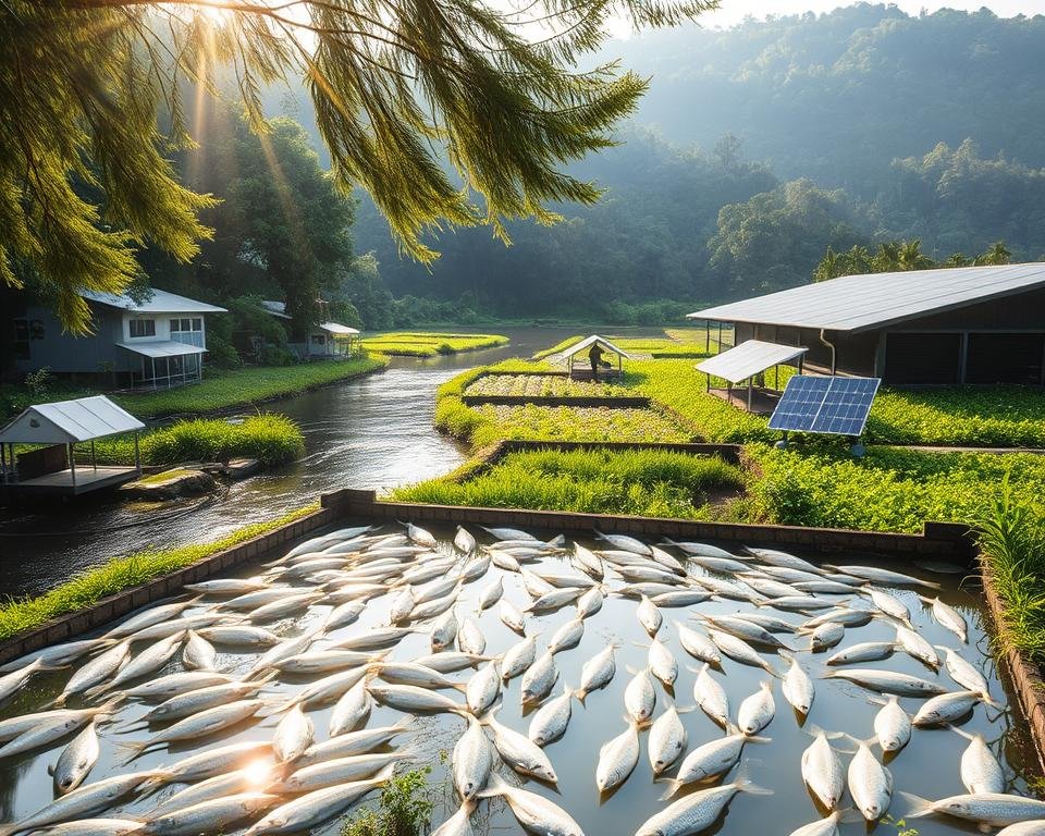 Lush, verdant fish farm nestled along a tranquil river, with modern aquaculture structures seamlessly integrated into the natural landscape. Sunlight gently filters through swaying trees, casting a warm, earthy glow over the scene. Rows of healthy, thriving pangasius swim gracefully in well-aerated, climate-controlled ponds, their scales glimmering. In the foreground, a fisherman tends to the fish, employing sustainable practices that minimize environmental impact. The middle ground showcases renewable energy sources, such as solar panels, powering the farm's operations. The background depicts a serene, forested backdrop, emphasizing the harmony between modern aquaculture and the natural world.