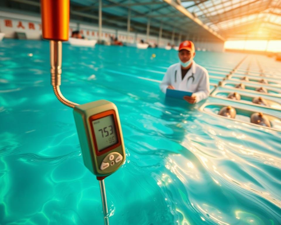 Vivid aquamarine waters with a rippling surface, reflecting the warm sunlight that casts a golden glow. In the foreground, a high-resolution digital thermometer is submerged, its sleek design and precise readout capturing the temperature of the aquaculture environment. In the middle ground, a scientist in a white lab coat carefully records the data, their face partially obscured by a clipboard. In the background, a state-of-the-art aquaculture facility stretches out, with neatly organized fish tanks and bustling activity, all under the watchful eye of a modern monitoring system.