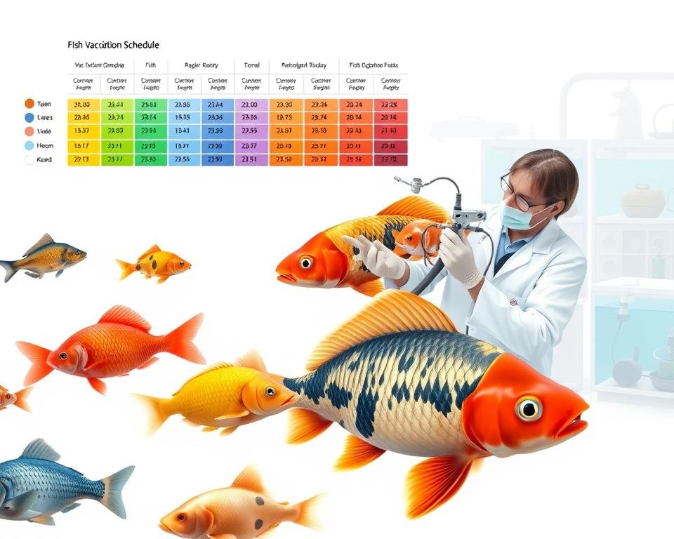 a detailed illustration of a fish vaccination schedule, depicted on a clean white background. in the foreground, a variety of common fish species are shown, each with a color-coded vaccination schedule chart hovering above them. the charts display the recommended vaccination timeline, dosages, and key dates. in the middle ground, a veterinarian in a lab coat is carefully administering a vaccine to a large koi fish, using precise medical equipment. the background shows a generic aquarium or fish farm setting, with tanks, filters, and other aquaculture supplies visible. the lighting is soft and even, highlighting the technical precision of the scene. the overall mood is educational and informative, conveying the importance of proper fish vaccination protocols. a detailed illustration of a fish vaccination schedule, depicted on a clean white background. in the foreground, a variety of common fish species are shown, each with a color-coded vaccination schedule chart hovering above them. the charts display the recommended vaccination timeline, dosages, and key dates. in the middle ground, a veterinarian in a lab coat is carefully administering a vaccine to a large koi fish, using precise medical equipment. the background shows a generic aquarium or fish farm setting, with tanks, filters, and other aquaculture supplies visible. the lighting is soft and even, highlighting the technical precision of the scene. the overall mood is educational and informative, conveying the importance of proper fish vaccination protocols.