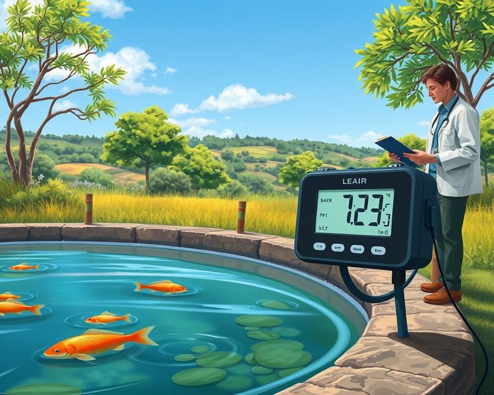 a digital illustration of a fish pond with a temperature monitoring system, captured in a realistic, detailed style with a focus on the technical aspects. The foreground shows a fish pond with a digital thermometer mounted on the edge, displaying the current water temperature. The middle ground depicts a researcher taking notes on a clipboard while observing the pond. The background features a lush, natural landscape with trees, bushes, and a clear, blue sky, conveying a serene, peaceful atmosphere. The lighting is natural, with soft shadows and highlights that accentuate the textures and materials. The composition is balanced, with the temperature monitoring system as the main focal point, surrounded by the supporting elements that provide context and a sense of place. a digital illustration of a fish pond with a temperature monitoring system, captured in a realistic, detailed style with a focus on the technical aspects. The foreground shows a fish pond with a digital thermometer mounted on the edge, displaying the current water temperature. The middle ground depicts a researcher taking notes on a clipboard while observing the pond. The background features a lush, natural landscape with trees, bushes, and a clear, blue sky, conveying a serene, peaceful atmosphere. The lighting is natural, with soft shadows and highlights that accentuate the textures and materials. The composition is balanced, with the temperature monitoring system as the main focal point, surrounded by the supporting elements that provide context and a sense of place.